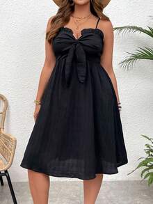 SHEIN VCAY Đầm Cami kết cấu kỳ nghỉ cỡ lớn có nút thắt phía trước - màu đen - Xem 5