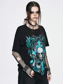 ROMWE Goth Halloween Totenkopf & Kreuz Oversized Distressed Snow Wash T-Shirt für Frauen - Schwarz - Übersicht 4