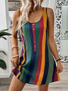 EMERY ROSE Colorful Wide-Striped Round Neck Sleeveless A-Line Suspender Dress, Spring/Summer
