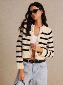 Poéselle Women Clothes, Fall Clothes, Women Sweaters, Striped Cardigan, Women Vintage Fisherman Knits Stripe Twist Cardigan, Faux Horn Button Detail, Extra Thickness Comfy Cardigan Sweater Heavy Knitwear, Extra Workmanship, Fall Winter Clothes, Effortless Chic Essential, Bon Chic Bon Genre, Bridgerton, Long Sleeve Tops