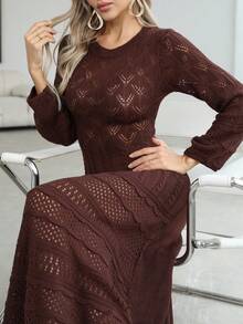 优雅秋冬长裙，圣诞新年时尚镂空修身长袖圆领简约纯色针织毛衣裙，情人节长款派对礼服 - 巧克力棕 - 查看 8