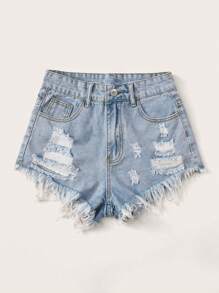 SHEIN Tall Ladies' Frayed Hem Distressed Denim Shorts With Pockets, Washed - Light Wash - View 3