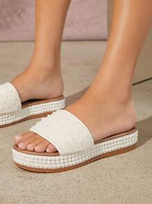 SHUZIA Women Shoes Wide Fit Open Toe Faux White Pearl And Shiny Beaded Embellishments White Platform Wide Fit Slip On Sandals - White - View 5