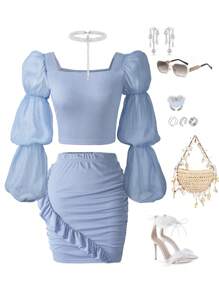 2pcs Teen Girls' Round Neck Lantern Sleeve Top & Tight Ruffle Trim Mini Skirt Set, Summer - Dusty Blue - View 1