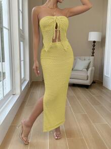Chiquease Tie Front Tube Top & Split Thigh Skirt - Lime Green - View 6