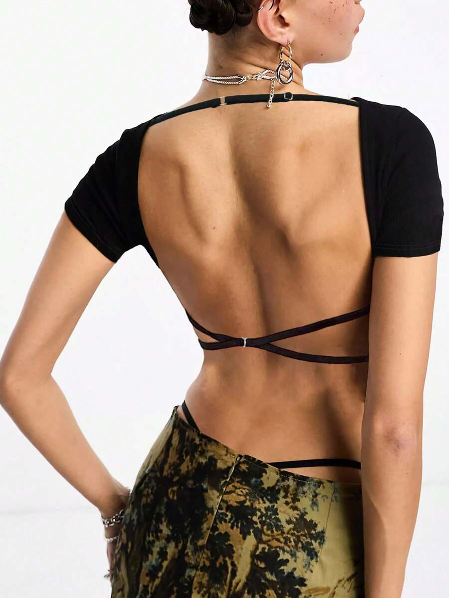 INAWLY 女士純色露背方領性感短袖連體衣，夏季 - 黑色 - 查看 1