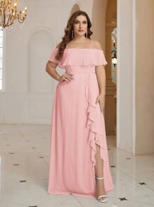 SHEIN Belle Plus Size Solid Color Spaghetti Strap Dress With Asymmetrical Ruffles And Side Slit, Elegant Bridesmaid Gown - Pink - View 3