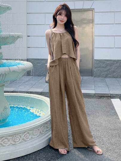 DAZY 女士夏季休闲纯色前短后长连体裤套装，阔腿裤款式，女士两件套家居服套装，女士短款套装