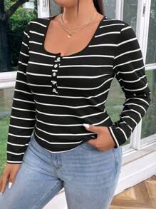 SHEIN Essnce Plus Size Women Buttoned V-Neck Black White Striped Slim Fit Long Sleeve T-Shirt, Casual & Versatile, Daily Wear - Black and White - View 6