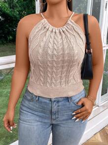 SHEIN Essnce Plus Size Twist Đan Backless Áo không tay màu trơn có dây đeo - Màu be - Xem 6