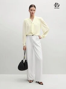 BizChic Chemisier pour femmes à manches longues simples et décontracté avec fausse perle - Nude - View 4