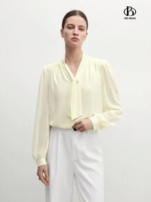 BizChic Chemisier pour femmes à manches longues simples et décontracté avec fausse perle - Nude - View 6