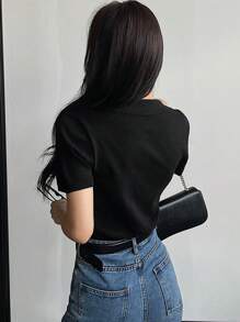 DAZY Áo len tay ngắn màu trơn phong cách công sở giản dị - màu đen - Xem 7