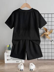 SHEIN Leap Crew 3D印花青少年休閒卡通圓領短袖T恤和短褲2件套裝，適用於夏季 - 黑色 - 查看 3