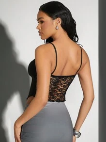 SHEIN Unity Top de tirantes de mujer con encaje de contraste y cordones delanteros - Negro - Ver 2
