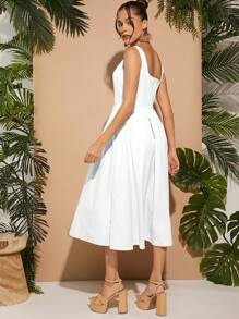 L'Amorae Square Neck Sleeveless Solid Dress - White - View 2