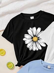 SHEIN EZwear Conjunto de 3 playeras informales de manga corta de corte ajustado para mujer, con diseño sencillo de flores y mariposas. - Multicolor - Ver 7