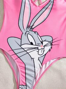 LOONEY TUNES X SHEIN 女士高彈性針織連體泳衣，帶肩帶 - 彩色 - 查看 5