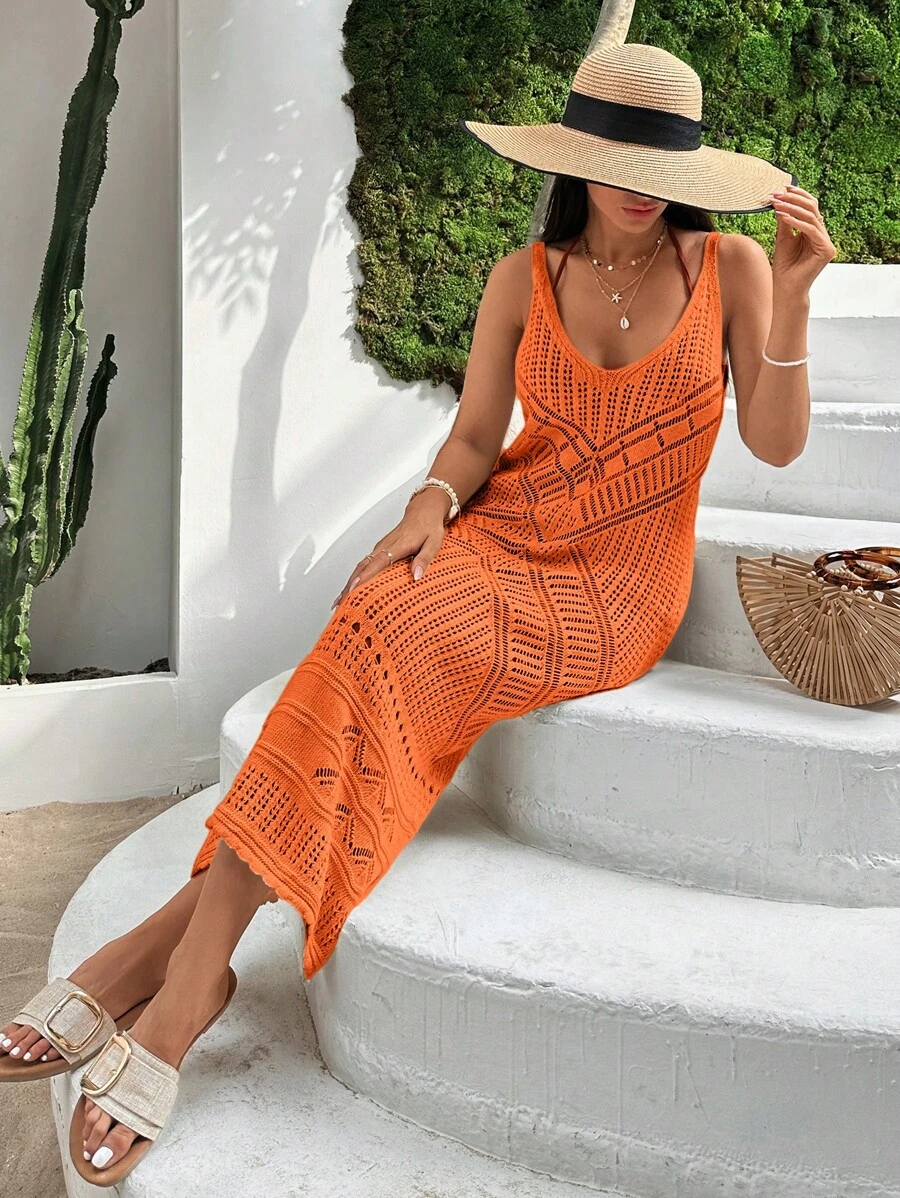 SHEIN Cottnline فستان غطاء بأكمام بلا أكمام ذو فتحة على شكل V للصيف والعطلات الشاطئية - لون برتقالي - مشاهدة 1