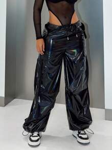 Y2K 全息黑色翻盖侧袋配织带抽绳腰带阔腿降落伞工装裤日常休闲舒适长裤节日春季 - 黑色 - 查看 3