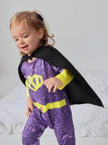 SHEIN 嬰兒女童編織休閒簡約連身衣，街頭風格，拼接色彩，超級英雄主題，長袖，春秋裝 - 紫色 - 查看 6