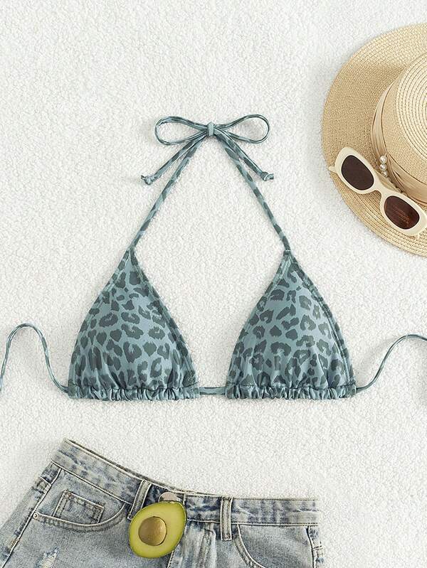 Swim Vcay 2025 Women Leopard Print Halter Tie Up Sexy Bikini Top For Beach Vacation Summer