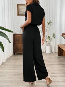 Calvaya Summer Casual Linen Black Jumpsuit With Elastic Waist And Wide-Leg Pants - Black - View 2