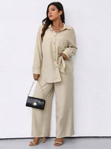 EMERY ROSE Plus Size Solid Color Long Sleeve Shirt And Pants Set, Holiday Leisure Fall Cloth For Women - Apricot - View 6
