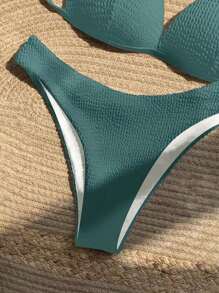 SHEIN Swim 夏季海滩女士纯色露背性感比基尼套装，带分体比基尼套装，非常适合度假 - 彩色 - 查看 3