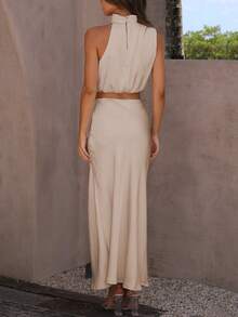 Mock Neck Crop Satin Top & Skirt - Apricot - View 2