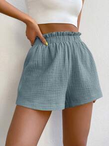 SHEIN EZwear 女裝休閒顯瘦純色荷葉邊沙灘短褲