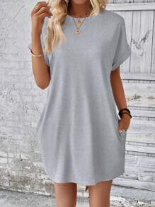 INAWLY Plus Solid Batwing Sleeve Tee Dress