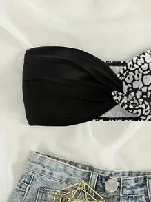 SHEIN Swim Áo bikini đi biển mùa hè họa tiết da báo Twist Knot Bandeau dành cho nữ - Đen và trắng - Xem 3