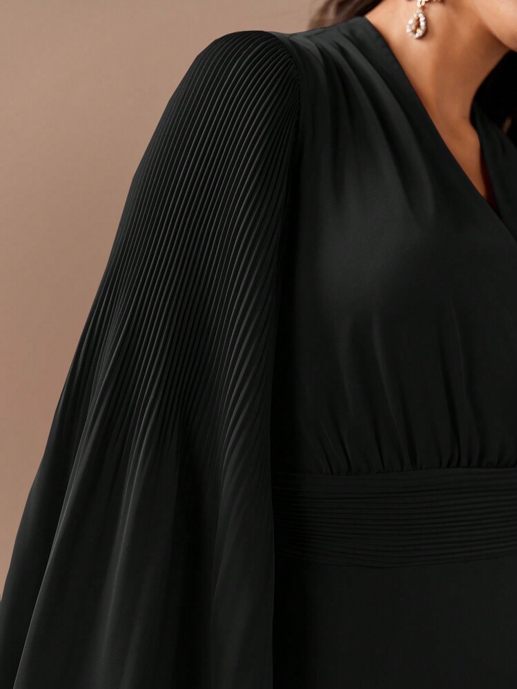 Modelyn Ladies' Solid Color V-Neck Flare Sleeve Casual Arabian Dress - Black - View 8