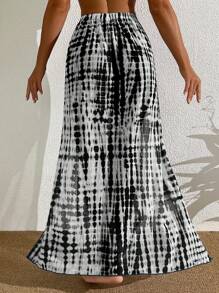 Swim Vcay 女士染色印花分裂休閒沙灘遮陽裙，夏季適用 - 黑與白 - 查看 2