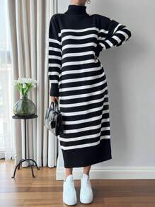 EURMUSE Women's Knitwear Dress With Gold Coloured Buttons - Black and White - View 6
