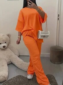 INAWLY Solid Drop Shoulder Tee & Pants For Summer - Orange - View 4