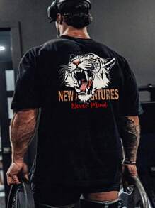 Playera deportiva casual para hombres de tamaño grande con estampado de animales y letras, verano - Negro - Ver 1