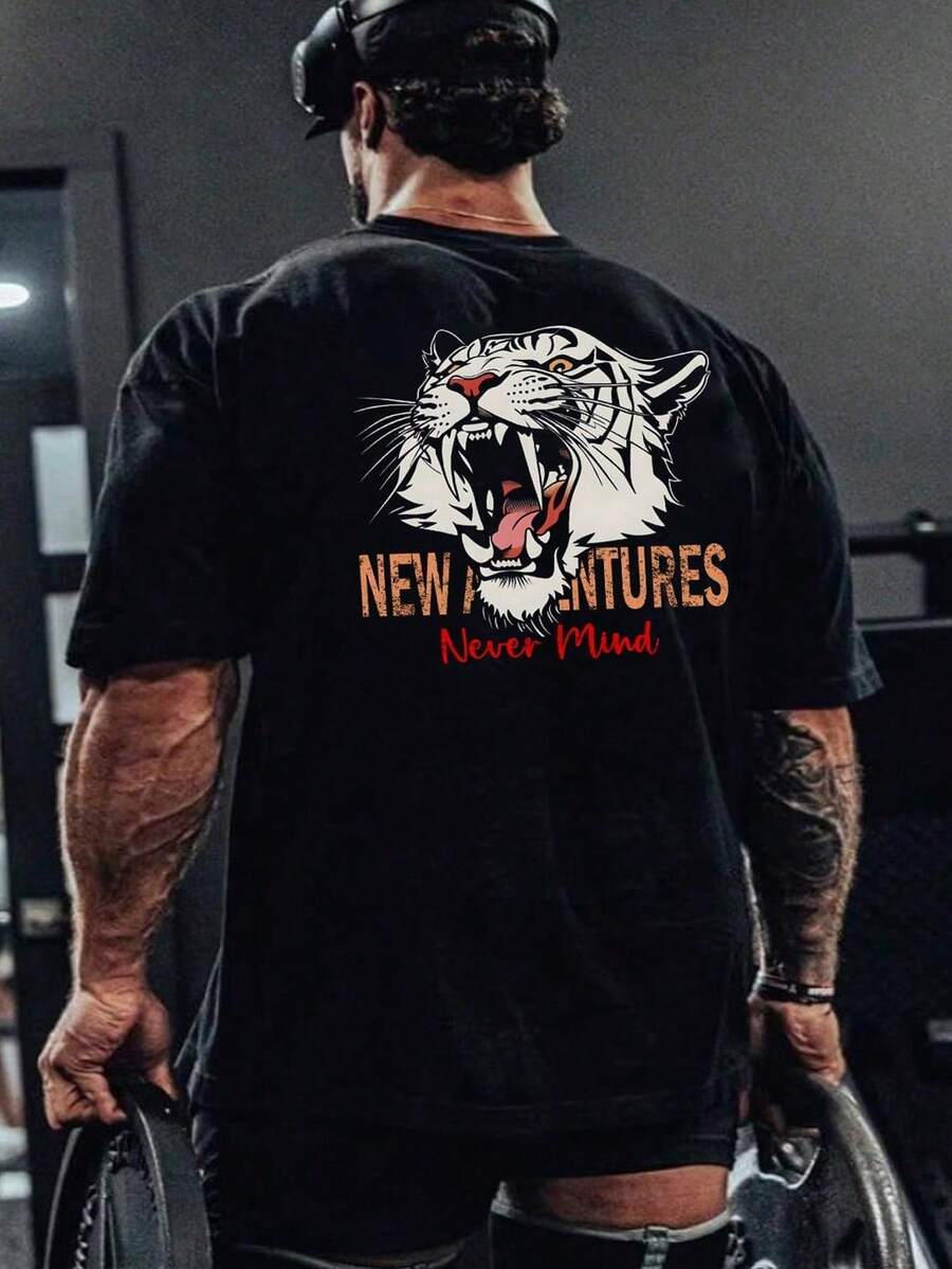 Playera deportiva casual para hombres de tamaño grande con estampado de animales y letras, verano - Negro - Ver 1