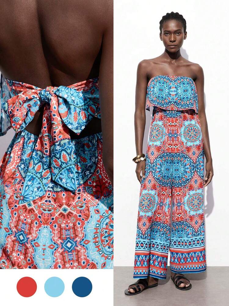 SHEIN Maija Fully Printed Strapless Jumpsuit For Women, Suitable For Vacation And Casual Occasions