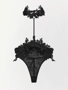 SHEIN Ladies' Sexy Mesh Floral Patchwork Halterneck Bodysuit Lingerie Bridal Lingerie For Going Out - Black - View 1