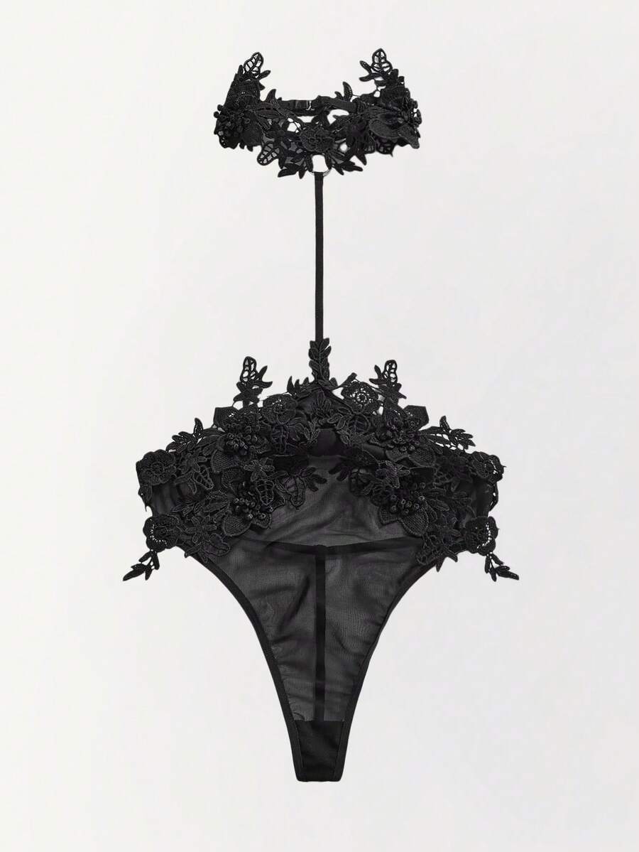 SHEIN Ladies' Sexy Mesh Floral Patchwork Halterneck Bodysuit Lingerie Bridal Lingerie For Going Out - Black - View 1