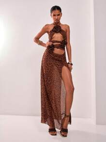 MUSERA Leopard Print Cut Out Flower Applique Maxi Dress Sexy Cute Spring Summer Party Going Out Vacation Long Dress - Multicolor - View 4