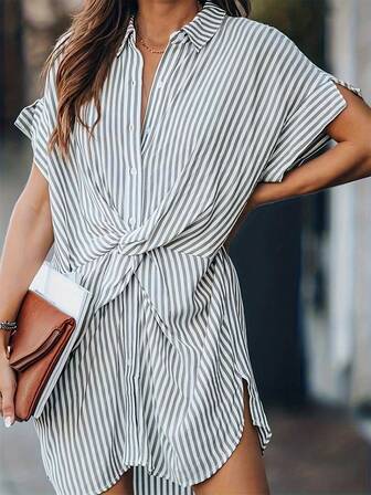 Casual Striped Bow Waist Short Sleeve Shirtdress