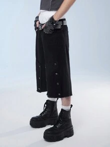 Manfinity Denimwave Men's Wide-Leg Loose-Fit Denim Shorts With Raw Hem And Mid-Length, With Front And Back Pockets, Streetwear - Black - View 5