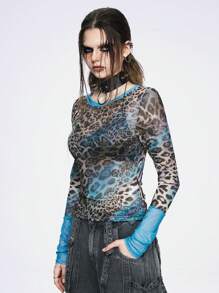 ROMWE Grunge Punk 龐克Y2K女士薄款長袖上衣，豹紋拼接設計 - 彩色 - 查看 5