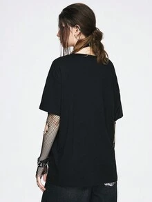 ROMWE Goth Halloween Totenkopf & Kreuz Oversized Distressed Snow Wash T-Shirt für Frauen - Schwarz - Übersicht 6