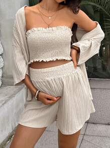 SHEIN Maternity Solid Tube Top & Shorts & Open Front Coat - Apricot - View 1