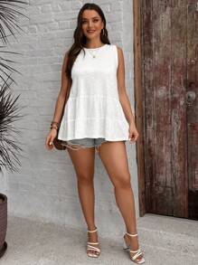 SHEIN LUNE Áo ba lỗ cổ tròn màu trơn cỡ lớn có viền xếp nếp, trang phục thường ngày mùa hè - trắng - Xem 6