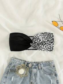 SHEIN Swim Áo bikini đi biển mùa hè họa tiết da báo Twist Knot Bandeau dành cho nữ - Đen và trắng - Xem 4